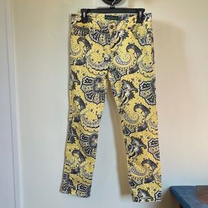 Ralph Lauren Paisley Ankle Pants Yellow Black Cotton Straight Leg Jeans Sz 6